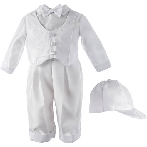 M White Embroidered Shantung Chistening Baptism Vest and Short Set with Bowtie and Hat 6-9 Month 